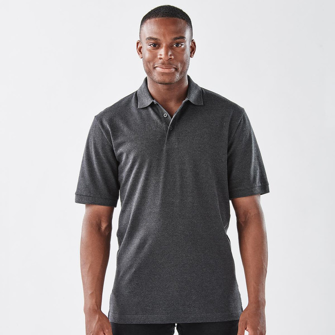 A grey men's polo shirt with a classic fit and short sleeves, featuring a collar and a logo.