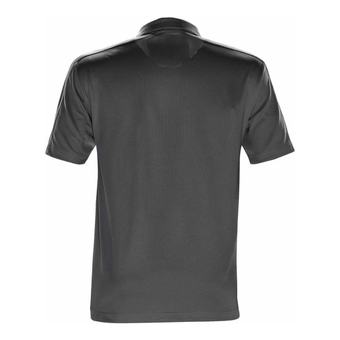 Back view of grey Stormtech polo shirt with short sleeves.