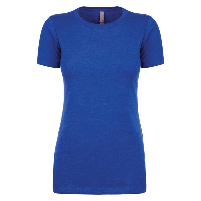 A blue women's CVC crew t-shirt with a classic fit and short sleeves. It features a logo on the label.