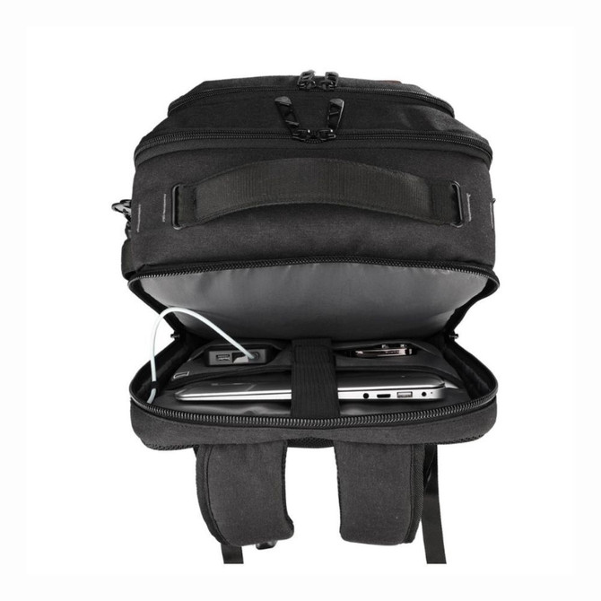 Open black backpack with laptop, phone, and charging cable inside, shown from above.