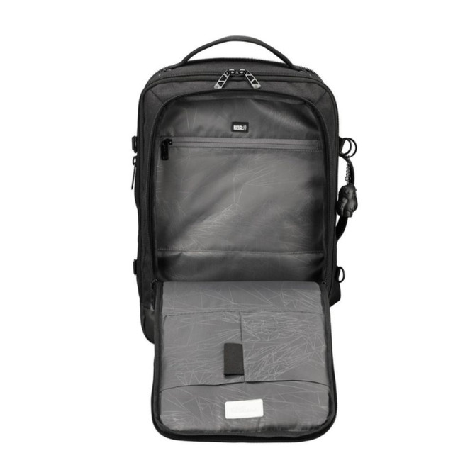 Open black backpack with organized compartments for travel and tech gear.