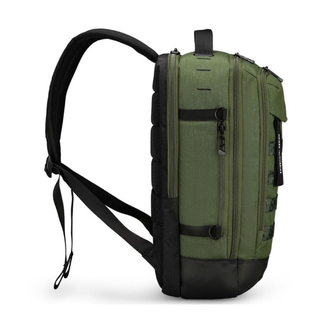 Olive green tactical backpack with multiple zippers and adjustable straps.