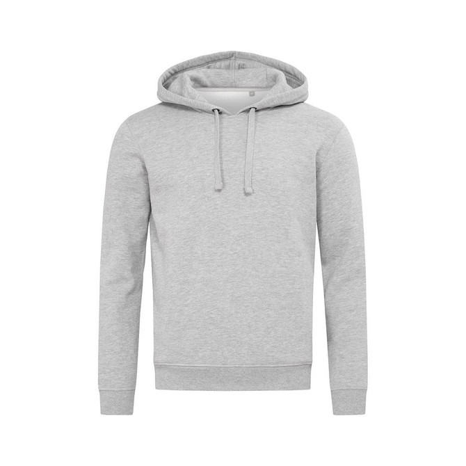 A grey unisex hoodie with a drawstring hood and ribbed cuffs, featuring a logo.