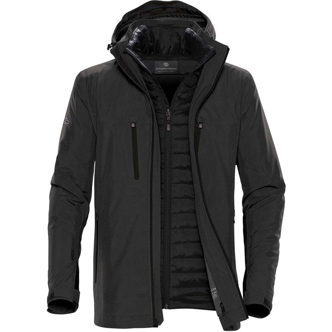 A black men's jacket with a hood and multiple zippered pockets, featuring a logo on the sleeve.
