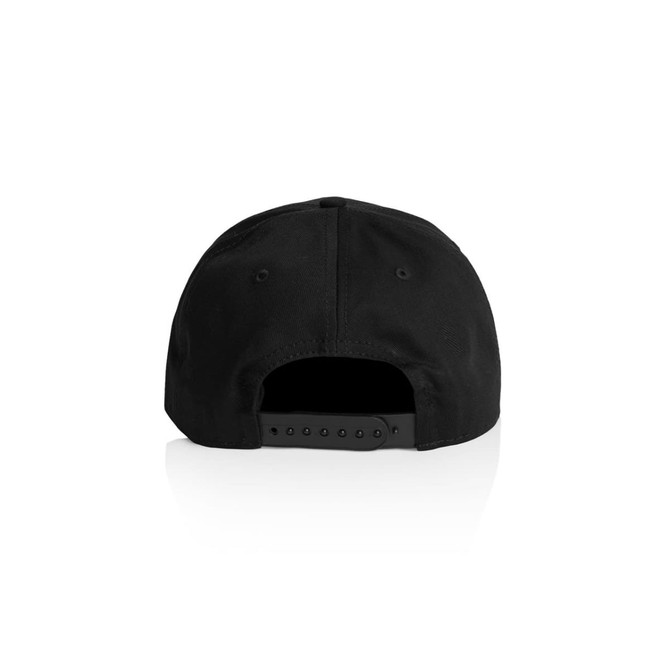 A black cap featuring a solid design with an adjustable back, including a logo or branding element.