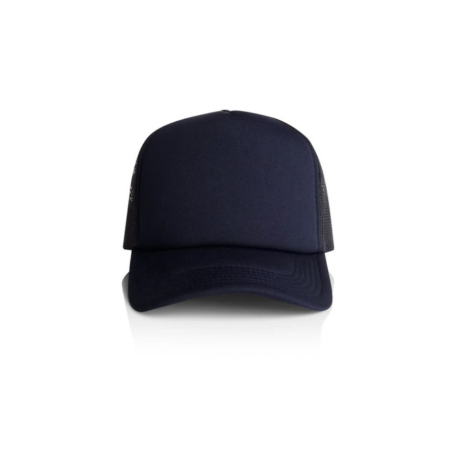 A navy trucker cap featuring a solid front panel and mesh sides, with a logo on the front.
