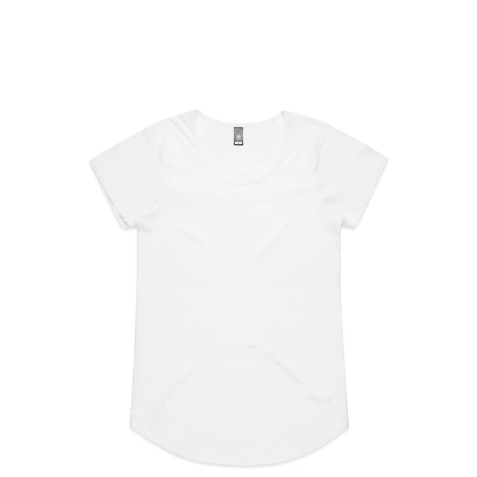 A white T-shirt with a rounded neckline and short sleeves, featuring a simple design and a tag.