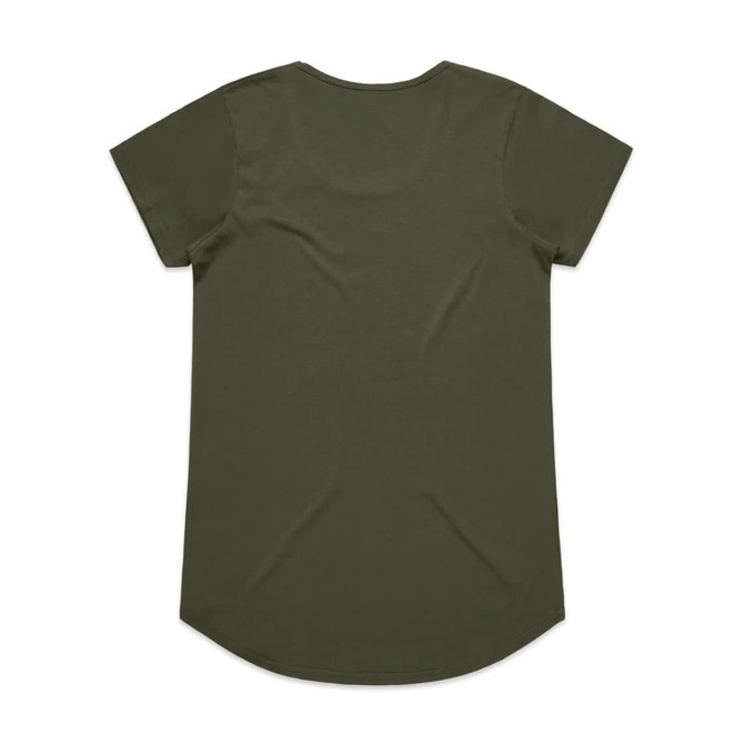 An olive green T-shirt with short sleeves and a rounded hem, featuring a logo on the back.
