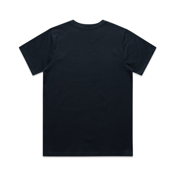 A black t-shirt featuring a simple design and a logo on the back.