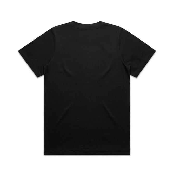 A black T-shirt featuring a smooth back design, with short sleeves and a classic fit. It has a logo.