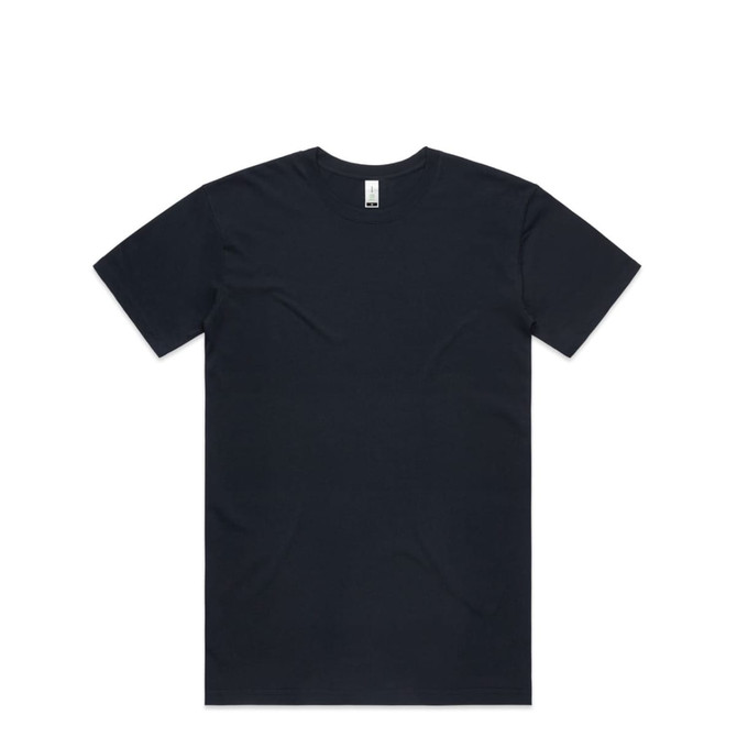 A dark navy organic T-shirt with a simple crew neck design and a label tag, featuring a logo.