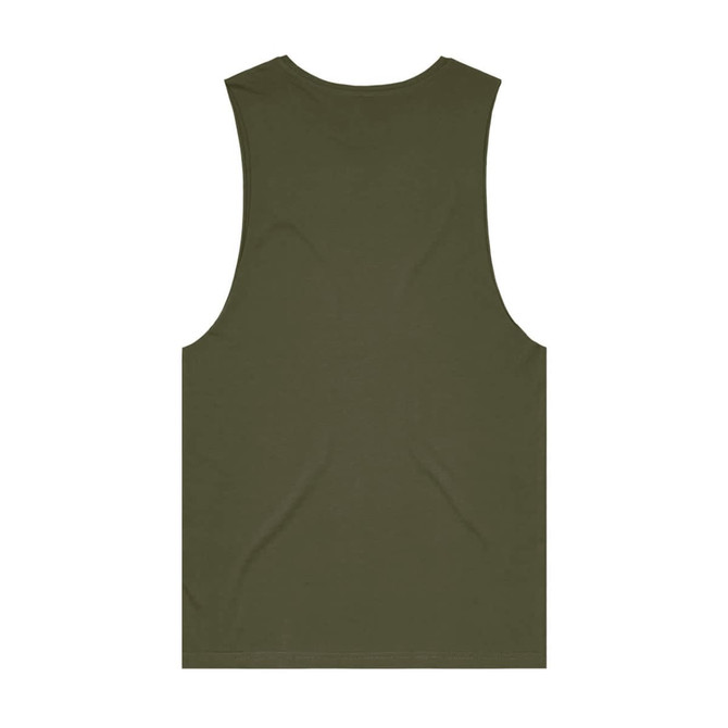 An olive green singlet tank top with a plain back design. It features a logo.