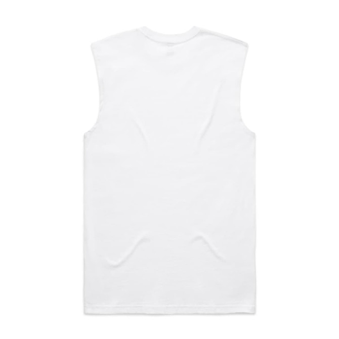 A plain white sleeveless tank top with a simple design and a logo on the back.