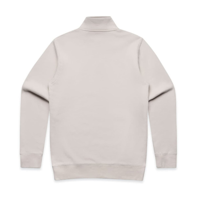 A light grey half zip crew jumper with long sleeves and a high collar. It features a logo on the back.
