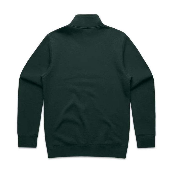 A dark green half zip crew jumper featuring a solid back design and long sleeves. It has a logo on the collar.