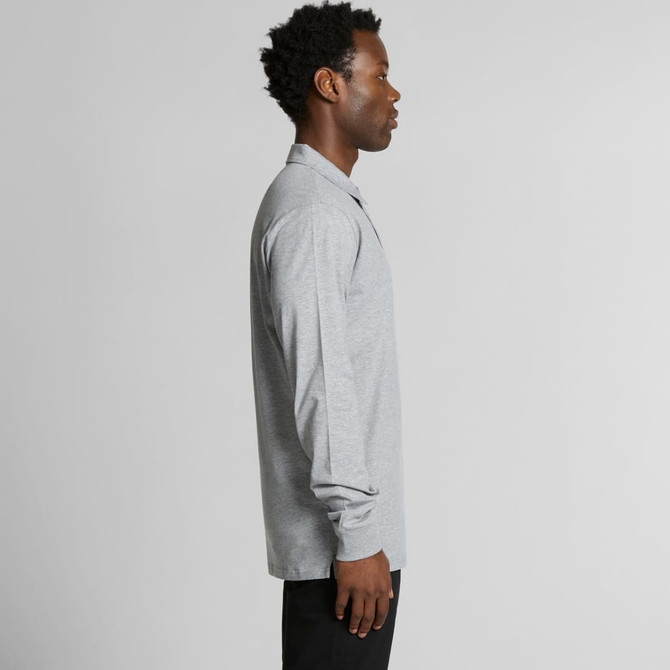 A grey long-sleeve polo shirt with a collar, featuring a branding logo, shown from the side.