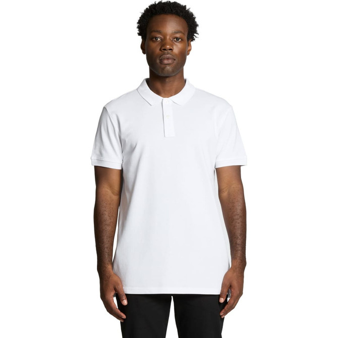 A white Pique Polo shirt featuring a collar and short sleeves, with a logo on the front.