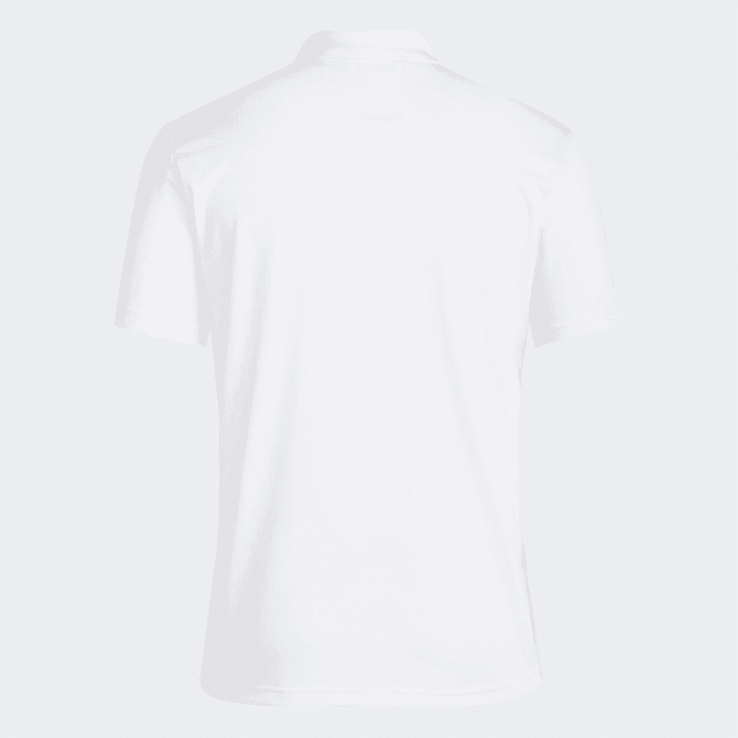 A white men's polo shirt featuring a collar and short sleeves, with a logo on the back.
