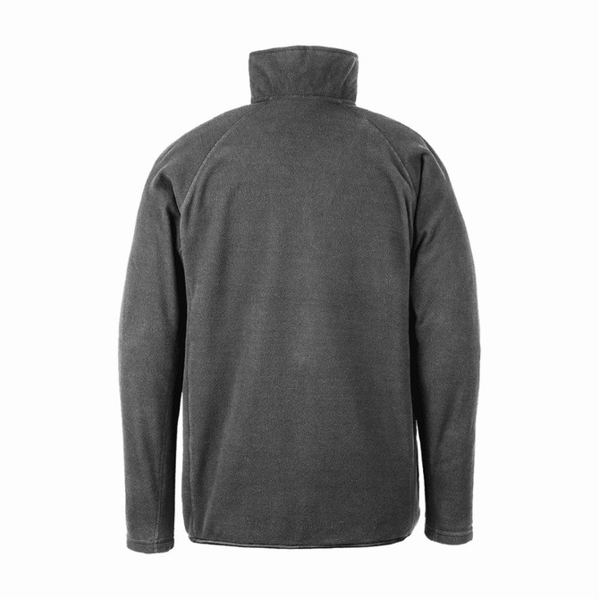 A dark grey quarter-zip fleece jumper with a high collar and a logo on the back.
