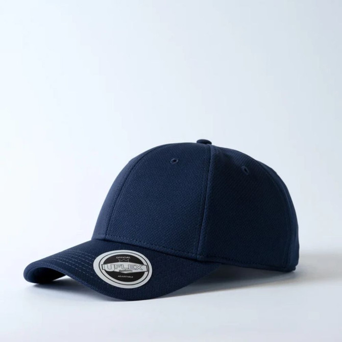 Navy blue adjustable baseball cap on white background.
