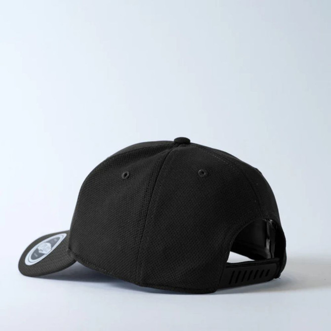 Black snapback baseball cap with adjustable strap on white background.