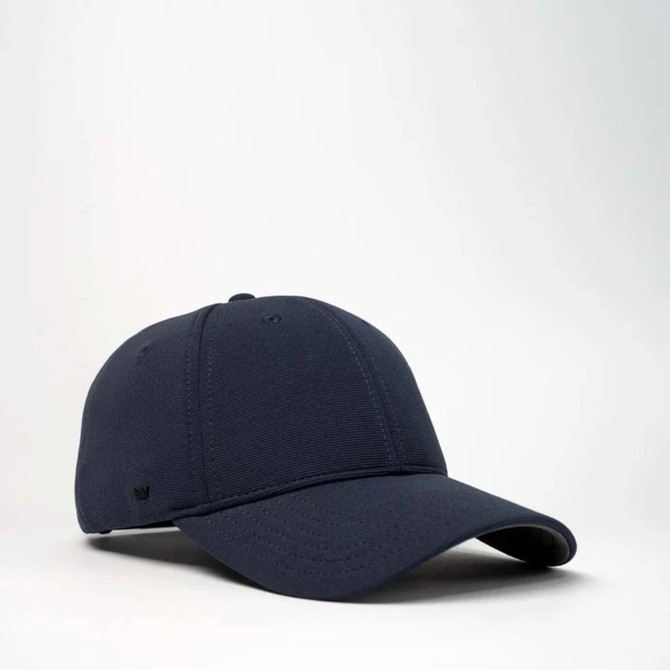 A navy blue recycled ottoman cap with a curved brim and adjustable strap at the back, featuring a logo.