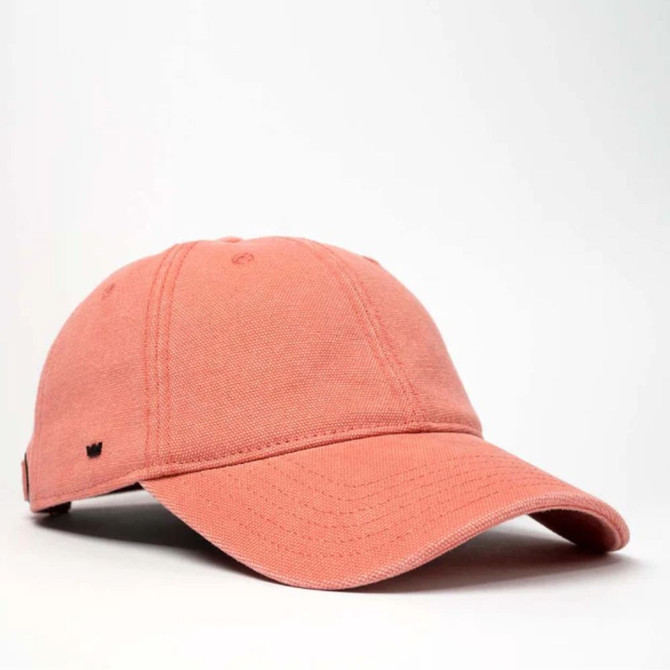 A coral pink cotton canvas unstructured six-panel cap with a logo.