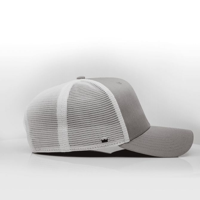 A grey and white trucker cap featuring a mesh back and a logo on the side.