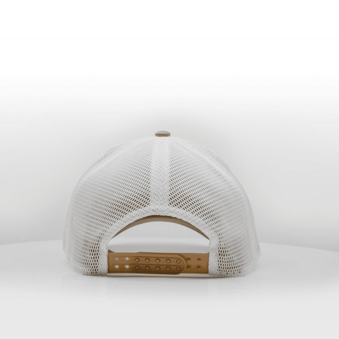 A white mesh trucker cap with a tan adjustable strap at the back and a logo.