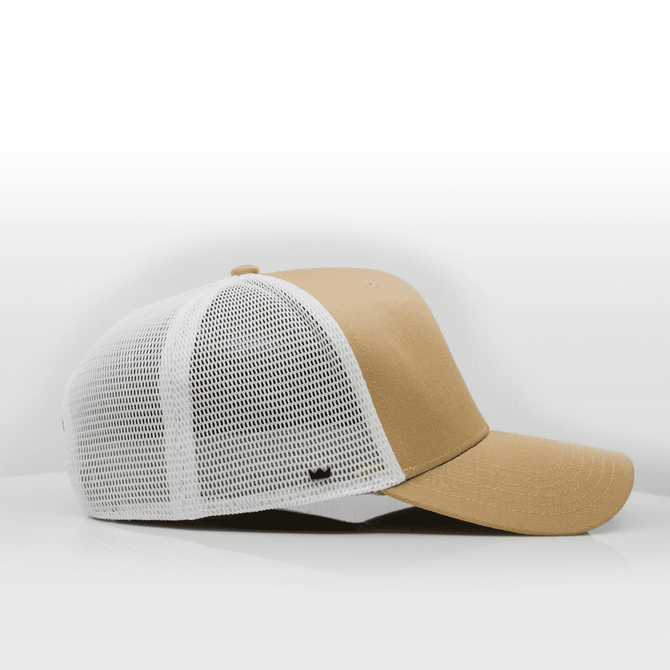 A tan 6-panel trucker cap with a white mesh back and a branded logo on the side.