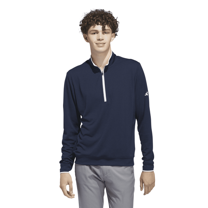 A navy lightweight quarter zip pullover with long sleeves and a logo, designed for men's wear.