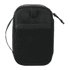 A black toiletries bag with a mesh front pocket and a zipper closure. It features a handle for easy carrying.