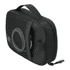 A black toiletry bag with a mesh pocket and zipper, featuring a handle for easy carrying.