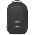 A black backpack with structured design, featuring a logo, suitable for carrying laptops and other items.