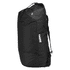 A black duffel bag with mid blue accents and a logo on the side.
