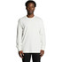 A long-sleeve white T-shirt featuring a logo, modelled by a person against a plain background.