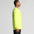 A long-sleeve, high-visibility yellow work t-shirt is displayed on a male model in profile.