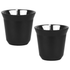 A set of two recycled espresso cups in matte black with stainless steel interiors, featuring a logo.