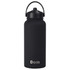 A drink bottle in matte black with a rubber-coated finish and a handle on the lid. It features a logo.