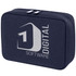 A navy organiser pouch with a zip closure and a logo on the front. The pouch has a rectangular shape.