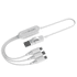 A white fast charging multi cable with three connectors, featuring a logo on the main unit.