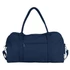 A navy blue duffel bag with dual handles, adjustable shoulder strap, and a front zipper pocket. It features a logo.