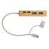 A bamboo USB hub with three ports and a connecting cable, featuring a neutral color scheme.