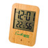 A digital weather station with a bamboo frame displaying time, temperature, and humidity readings, featuring a logo.
