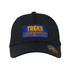 A black cap featuring a blue patch with yellow text and a logo on the side.