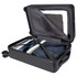 A wheeled black cabin trolley with an open lid, showcasing neatly packed clothes and a towel inside.