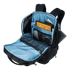 A black backpack with a blue interior, featuring compartments for a tablet, documents, and accessories.