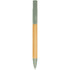 A pen with a bamboo body and a green plastic top, featuring a clip and a logo.