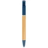 A bamboo and navy pen with a sleek design and a silver clip, featuring a branding logo.