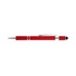 A red spinner pen with silver accents and a textured grip, featuring a clip and a logo.